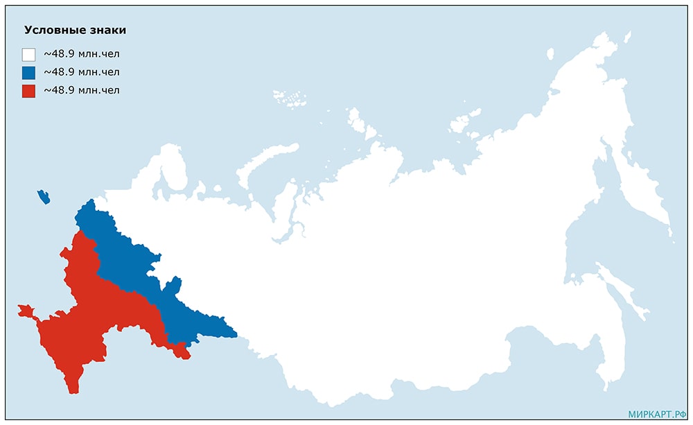 Карта России, разделенная на три равные части по населению